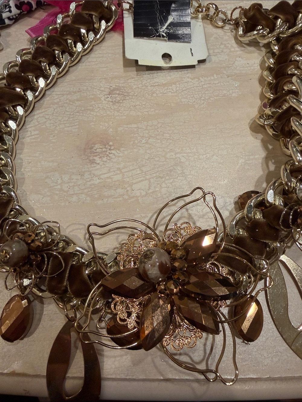 Statement Brown and Gold Floral Pendant Necklace
